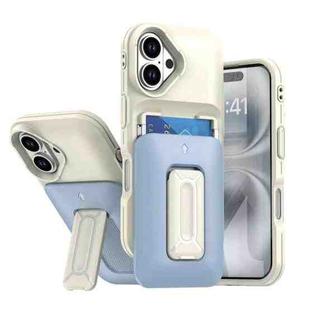 For iPhone 16 Plus Sliding Card Holder Integrated Phone Case with Kickstand(Beige Blue)