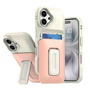 For iPhone 16 Plus Sliding Card Holder Integrated Phone Case with Kickstand(Beige Pink)