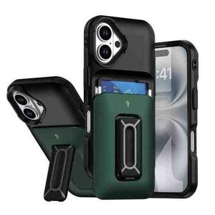 For iPhone 16 Plus Sliding Card Holder Integrated Phone Case with Kickstand(Black Green)