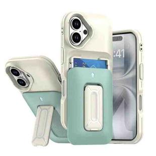 For iPhone 16 Sliding Card Holder Integrated Phone Case with Kickstand(Beige Green)