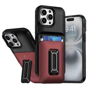 For iPhone 15 Pro Max Sliding Card Holder Integrated Phone Case with Kickstand(Black Red)