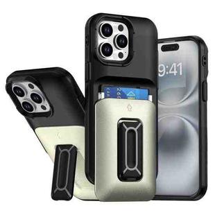 For iPhone 15 Pro Max Sliding Card Holder Integrated Phone Case with Kickstand(Black Gold)
