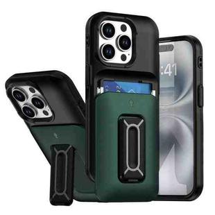 For iPhone 15 Pro Sliding Card Holder Integrated Phone Case with Kickstand(Black Green)