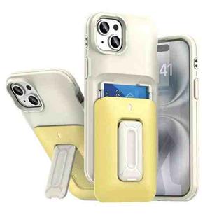 For iPhone 15 Plus / 14 Plus Sliding Card Holder Integrated Phone Case with Kickstand(Beige Yellow)