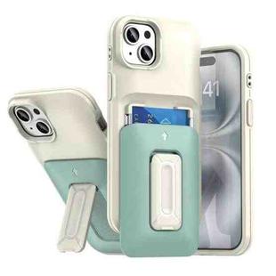 For iPhone 15 Plus / 14 Plus Sliding Card Holder Integrated Phone Case with Kickstand(Beige Green)