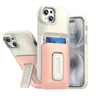 For iPhone 15 Plus / 14 Plus Sliding Card Holder Integrated Phone Case with Kickstand(Beige Pink)