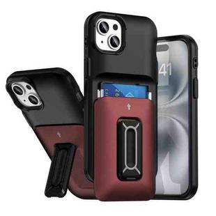 For iPhone 15 Plus / 14 Plus Sliding Card Holder Integrated Phone Case with Kickstand(Black Red)