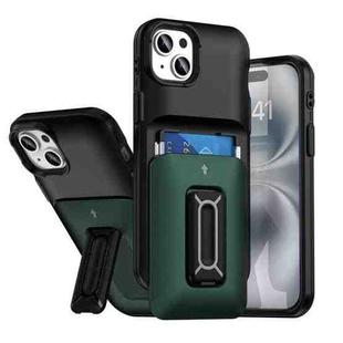For iPhone 15 Plus / 14 Plus Sliding Card Holder Integrated Phone Case with Kickstand(Black Green)