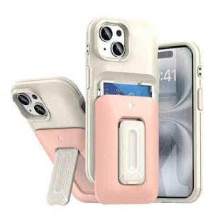 For iPhone 15 Sliding Card Holder Integrated Phone Case with Kickstand(Beige Pink)