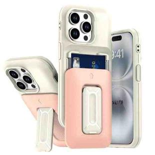 For iPhone 14 Pro Sliding Card Holder Integrated Phone Case with Kickstand(Beige Pink)