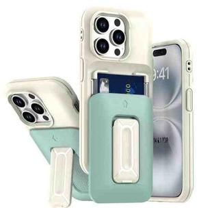 For iPhone 13 Pro Sliding Card Holder Integrated Phone Case with Kickstand(Beige Green)
