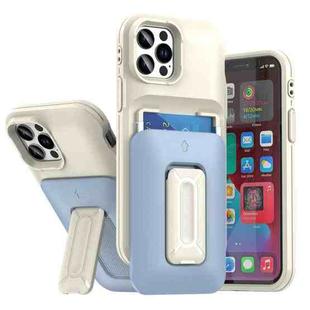 For iPhone 12 / 12 Pro Sliding Card Holder Integrated Phone Case with Kickstand(Beige Blue)