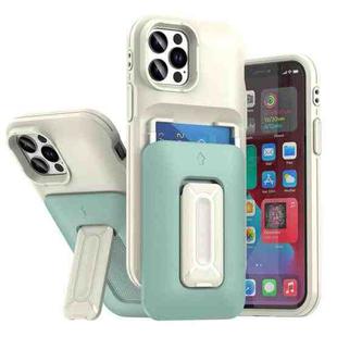 For iPhone 12 / 12 Pro Sliding Card Holder Integrated Phone Case with Kickstand(Beige Green)