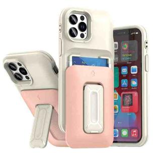 For iPhone 12 / 12 Pro Sliding Card Holder Integrated Phone Case with Kickstand(Beige Pink)