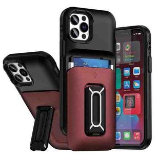 For iPhone 12 / 12 Pro Sliding Card Holder Integrated Phone Case with Kickstand(Black Red)