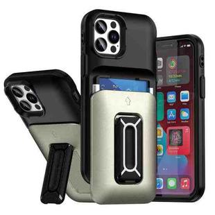For iPhone 12 / 12 Pro Sliding Card Holder Integrated Phone Case with Kickstand(Black Gold)