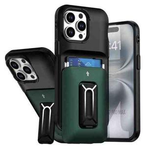 For iPhone 12 Pro Max Sliding Card Holder Integrated Phone Case with Kickstand(Black Green)