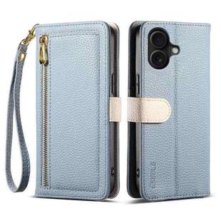 For iPhone 16 ESEBLE E11 Colorful Litchi Pattern Zipper Wallet Leather Phone Case(Sky Blue)