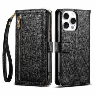 For iPhone 15 Pro ESEBLE E11 Colorful Litchi Pattern Zipper Wallet Leather Phone Case(Black)