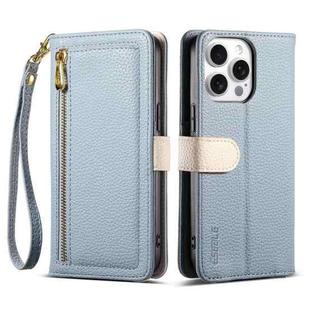 For iPhone 15 Pro ESEBLE E11 Colorful Litchi Pattern Zipper Wallet Leather Phone Case(Sky Blue)