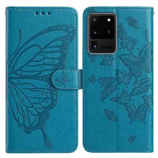 For Samsung Galaxy S20 Ultra Butterfly Flutter Pattern Embossed Leather Phone Case(Blue)