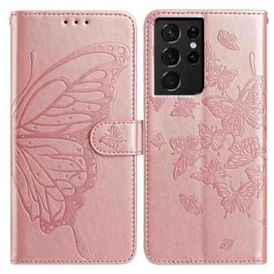 For Samsung Galaxy S21 Ultra 5G Butterfly Flutter Pattern Embossed Leather Phone Case(Rose Gold)