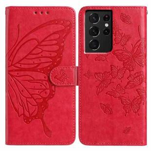 For Samsung Galaxy S21 Ultra 5G Butterfly Flutter Pattern Embossed Leather Phone Case(Red)
