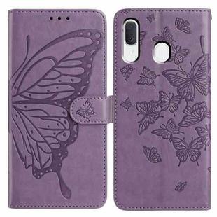 For Samsung Galaxy A20E Butterfly Flutter Pattern Embossed Leather Phone Case(Purple)
