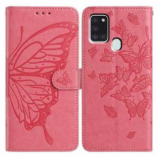For Samsung Galaxy A21S Butterfly Flutter Pattern Embossed Leather Phone Case(Rose Red)
