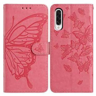 For Samsung Galaxy A50 Butterfly Flutter Pattern Embossed Leather Phone Case(Rose Red)