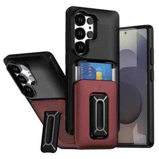 For Samsung Galaxy S25 Ultra 5G Sliding Card Holder Integrated Phone Case with Kickstand(Black Red)