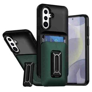 For Samsung Galaxy S25 / S24 5G Sliding Card Holder Integrated Phone Case with Kickstand(Black Green)