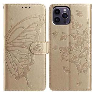For iPhone 14 Pro Max Butterfly Flutter Pattern Embossed Leather Phone Case(Gold)