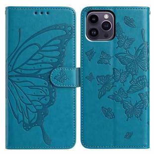 For iPhone 14 Pro Max Butterfly Flutter Pattern Embossed Leather Phone Case(Blue)