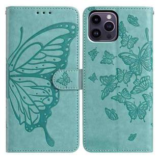 For iPhone 14 Pro Max Butterfly Flutter Pattern Embossed Leather Phone Case(Green)