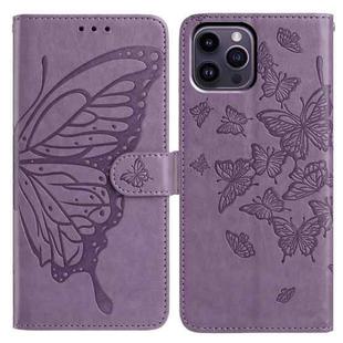 For iPhone 14 Pro Max Butterfly Flutter Pattern Embossed Leather Phone Case(Purple)