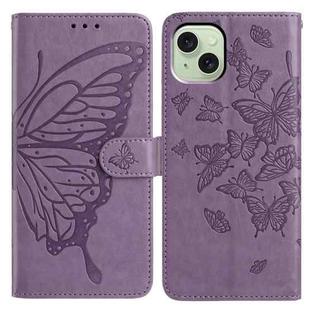 For iPhone 15 Butterfly Flutter Pattern Embossed Leather Phone Case(Purple)