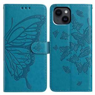 For iPhone 14 Plus Butterfly Flutter Pattern Embossed Leather Phone Case(Blue)