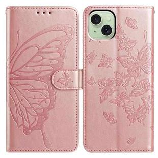 For iPhone 15 Plus Butterfly Flutter Pattern Embossed Leather Phone Case(Rose Gold)