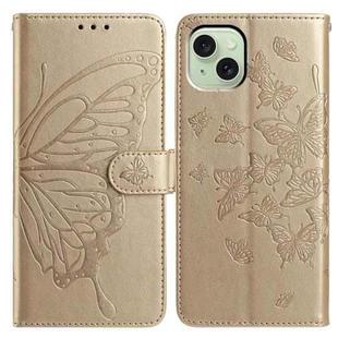 For iPhone 15 Plus Butterfly Flutter Pattern Embossed Leather Phone Case(Gold)