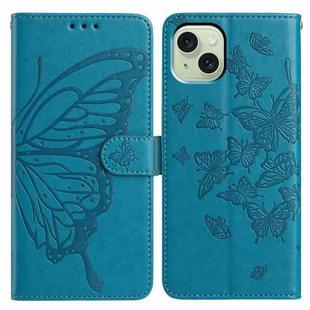 For iPhone 15 Plus Butterfly Flutter Pattern Embossed Leather Phone Case(Blue)