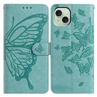 For iPhone 15 Plus Butterfly Flutter Pattern Embossed Leather Phone Case(Green)