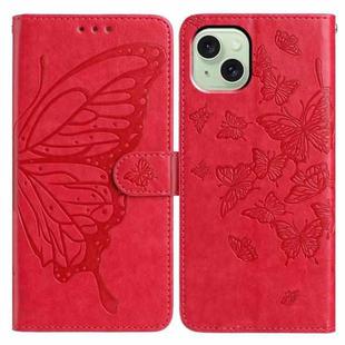 For iPhone 15 Plus Butterfly Flutter Pattern Embossed Leather Phone Case(Red)