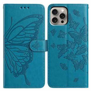 For iPhone 15 Pro Max Butterfly Flutter Pattern Embossed Leather Phone Case(Blue)
