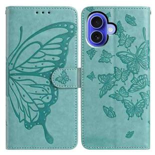 For iPhone 16 Plus Butterfly Flutter Pattern Embossed Leather Phone Case(Green)