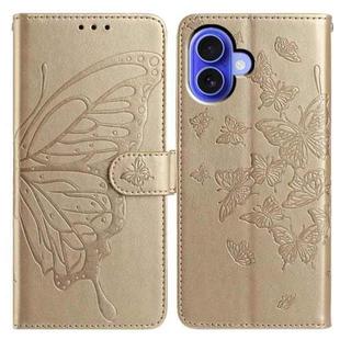 For iPhone 16 Butterfly Flutter Pattern Embossed Leather Phone Case(Gold)