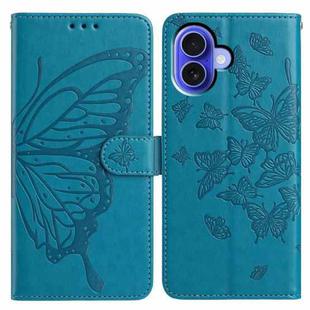 For iPhone 16 Butterfly Flutter Pattern Embossed Leather Phone Case(Blue)