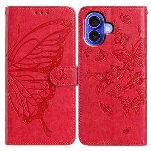 For iPhone 16 Butterfly Flutter Pattern Embossed Leather Phone Case(Red)
