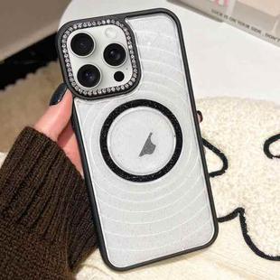 For iPhone 15 Pro Diamond Lens Frame MagSafe Wave Texture Clear Phone Case(Black)