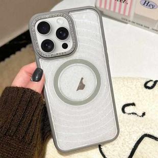 For iPhone 15 Pro Diamond Lens Frame MagSafe Wave Texture Clear Phone Case(Grey)